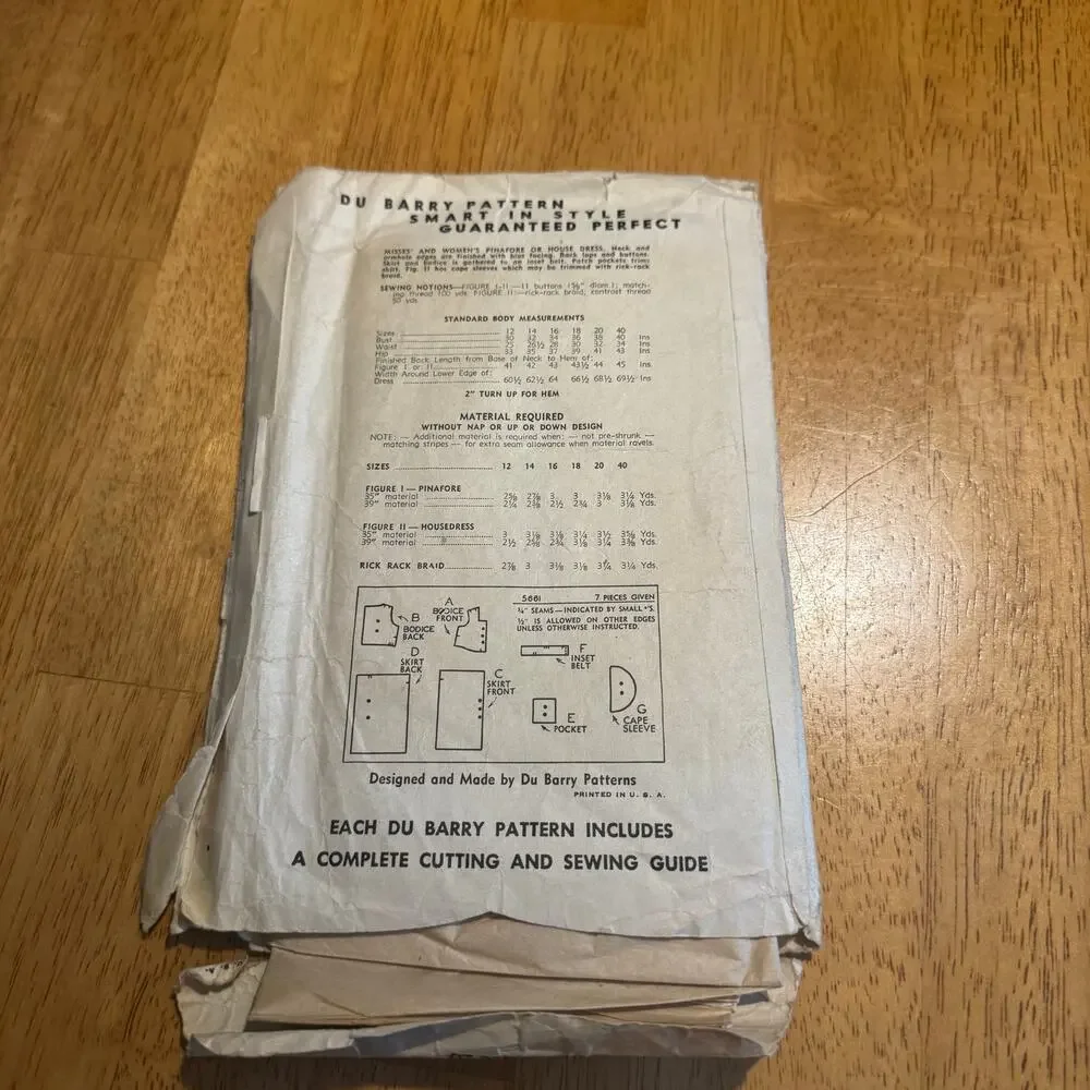 Vintage 1943 DuBarry Sewing Pattern 5661 Pinafore House Dress Size 20 Bust 38